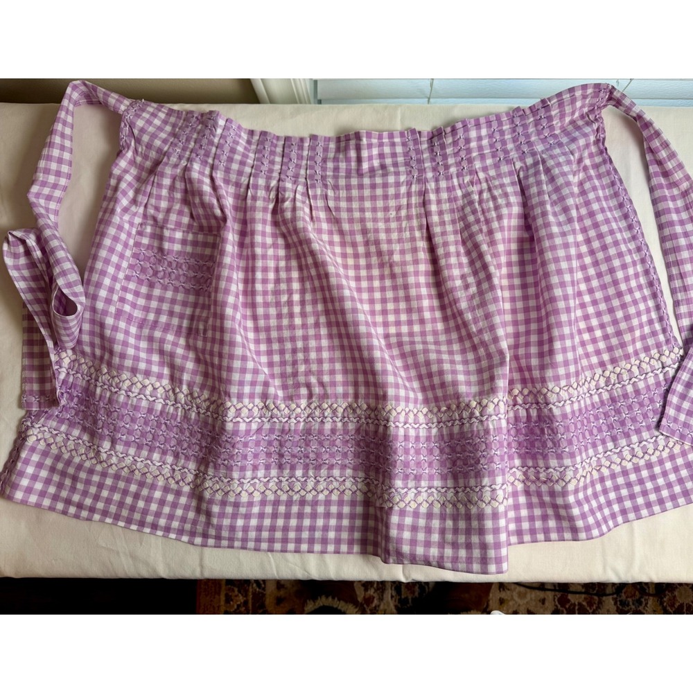 VTG Pinup Half Aprons 1950s Blue & Purple Gingham Pocket RikRack Retro Kitchen - Picture 3 of 12